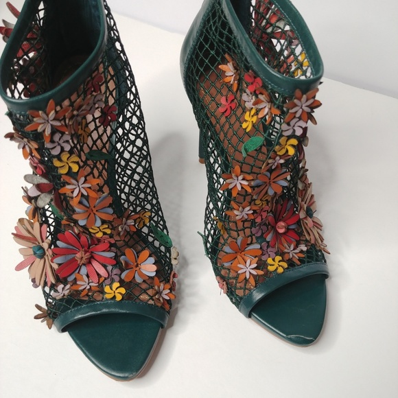 Zara Sz 37 Green Mesh Floral Applique Bootie Heels - Picture 2 of 7